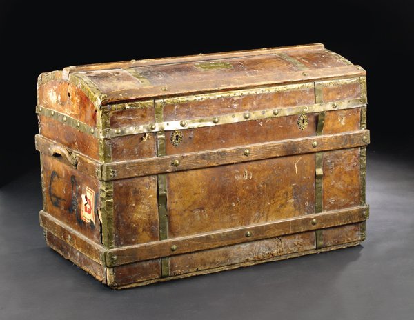 English Leather- and Brass-Bound Oak Trunk,