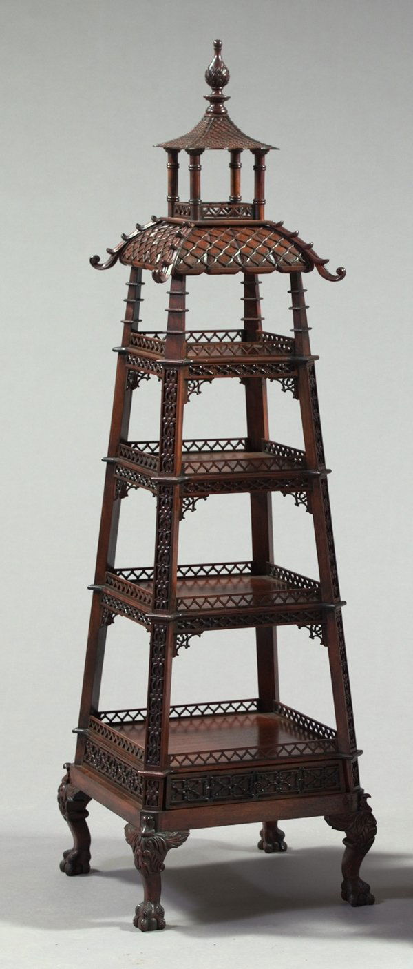 George III-Style Pagoda-Form Tiered Etagere,: George III-Style Pagoda-Form Tiered Etagere, in the manner of Thomas Chippendale, the graduated shelves of square form with pierced triangular design galleries to all sides and stiles featuring inset