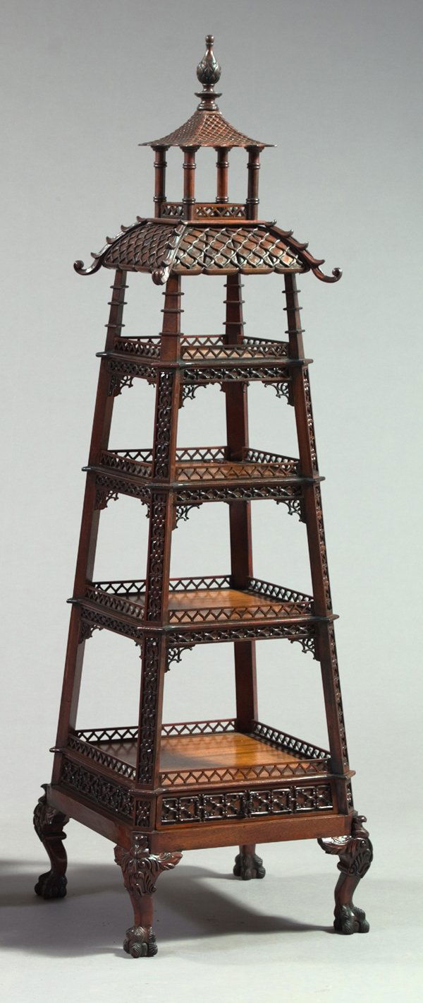 George III-Style Pagoda-Form Tiered Etagere,: George III-Style Pagoda-Form Tiered Etagere, in the manner of Thomas Chippendale, the graduated shelves of square form with pierced triangular design galleries to all sides and stiles featuring inset