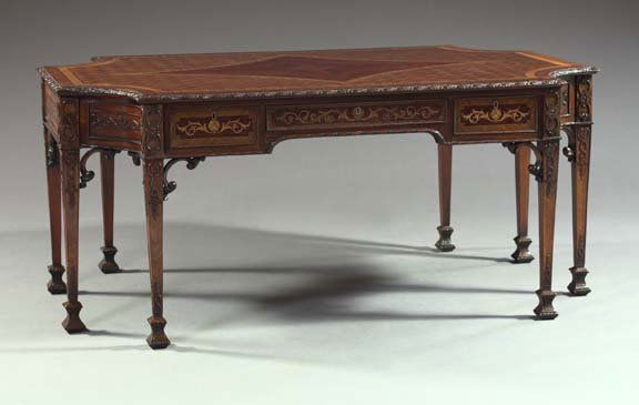 English Parquetry Mahogany and Mixed Woods Desk: English Parquetry Inlaid Mahogany and Mixed Woods Partner's Desk, in the manner of Thomas Chippendale, the oblong top with deep incurvate corners and featuring a rosewood and mahogany banding centerin