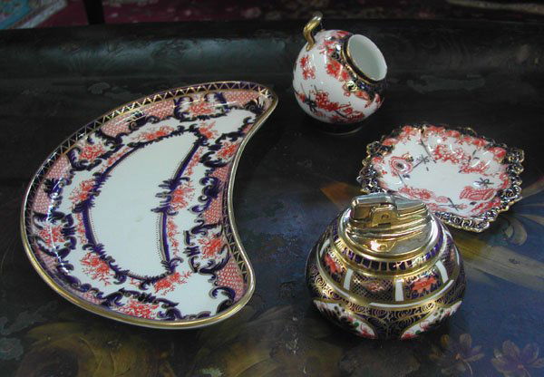 Collection of Royal Crown Derby Porcelain: Interesting Four-Piece Collection of Royal Crown Derby Porcelain, in the Imari taste consisting of a large crescent-form salad plate, fourth quarter 19th century, a diminutive square richly gilded van