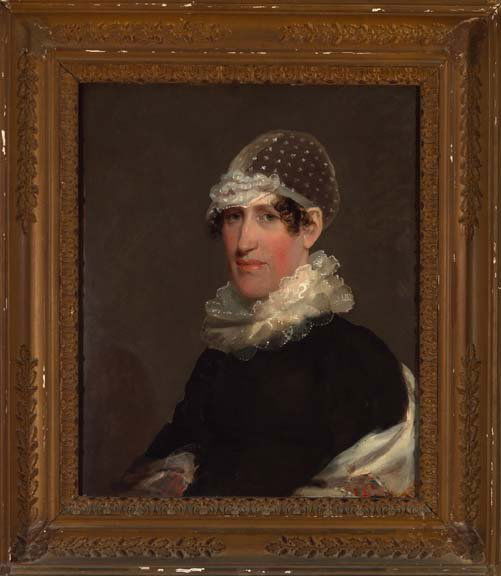 Attributed Gilbert Stuart (American, 1755-1828): Attributed Gilbert Stuart (American, 1755-1828) "Portrait of a Woman in Lace Cap and Collar", oil on panel, 25-1/2" x 20-1/2". Presented in a fine Classical gilt and gesso exhibition frame. Provenance