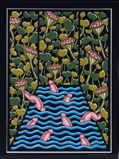 Robert Gordy (American, New Orleans, 1933-1986): Robert Gordy (American, New Orleans, 1933-1986) "Waterbabies", color silkscreen, 32" x 24", numbered lower left: 93/100, signed lower right: "Robert Gordy". Presented in a contemporary chrome frame.