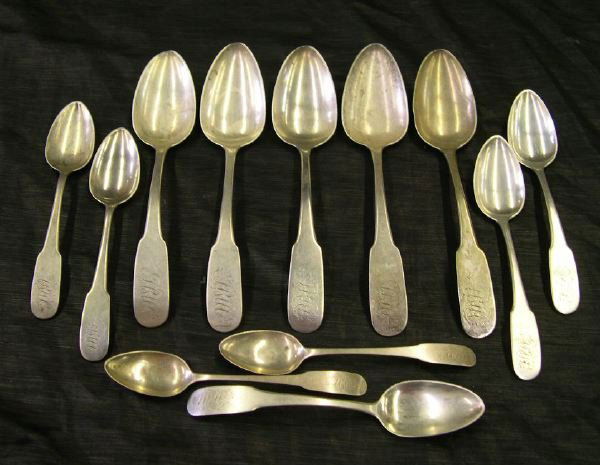 Twelve-Piece Group of Coin Silver Flatware: Twelve-Piece Group of Coin Silver Flatware, second quarter 19th century, consisting of a set of five Robert Wilson (d. 1846), Philadelphia, coin silver "Fiddle" tablespoons, a set of five matching Wil
