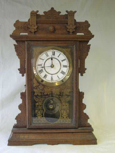 1036 Seth Thomas Walnut Stained Gl Mantel Clock