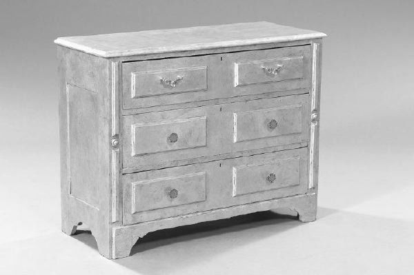 Victorian Painted Low Chest: Victorian Painted Low Chest, of three drawers, late 19th century and later, having a silver-blue metallic painted surface overall, the three drawers with applied oblong panels and later floral and ena