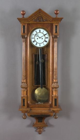 Austro-German Walnut and Burl Regulator Wall Cloc: Large Austro-German Walnut and Burl "Regulator" Wall Clock, third quarter 19th century, in the neoclassical taste, the circular dial enameled in white with black Roman chapters, retains the period bra