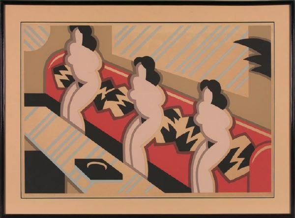 Robert Gordy (American/New Orleans, 1933-1986): Robert Gordy (American/New Orleans, 1933-1986) "Three Seated Figures", limited edition silkscreen, 44/80, 24" x 34", pencil numbered lower right, pencil signed lower left: "R. Gordy".