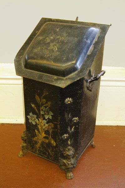 English Brass-Mounted Slant-Front Log Box: Tall English Brass-Mounted Tole-Peinte Slant-Front Parlor Coal Bin, third quarter 19th century, the black ground with polychromed floral decoration, the interior fitted with a conforming removable she