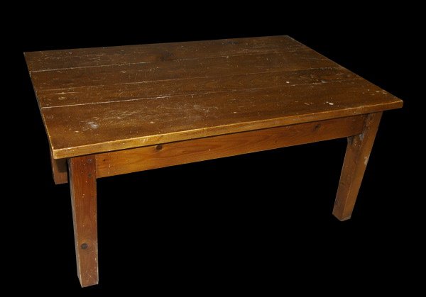 Antique Provincial Pine Plank-Top Work Table,: Antique Provincial Pine Plank-Top Work Table, now reduced to coffee table height, h. 18-1/2", w. 38", d. 25-1/2".