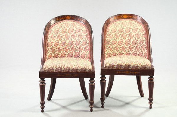 Dutch Neoclassical Mahogany Chaises en Gondole: Pair of Dutch Neoclassical Marquetry and Line-Inlaid Mahogany Chaises en Gondole, mid-19th century, each with a foliate- and floral-inlaid crest rail extending to line-strung stiles, inlaid apron and