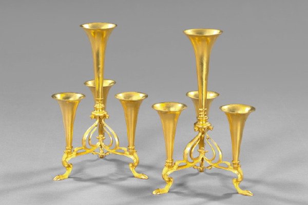 Unusual Pair of Edwardian Gilded Brass Epergnes: Unusual Pair of Edwardian Gilded Brass Four-Trumpet Epergnes, first quarter 20th century, in the Neo-Grec style, the sumptuous renewed gilding in matte and bright finishes, each trumpet fitted with a