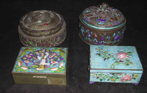 Group of Four Decorative Boxes,: Group of Four Decorative Boxes, consisting of a large Kuang-Hsu parcel-enameled bronze-patinated copper powder box, first quarter 20th century, a similar smaller enamel box set with jade and paste rub