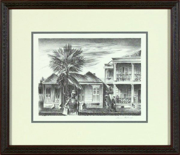 Aaron Bohrod (American, 1907-1992): Aaron Bohrod (American, 1907-1992) "New Orleans Street Scene", lithograph, sight 10" x 13-1/4", signed lower right "Aaron Bohrod". Glazed, double matted and presented in a carved giltwood frame.