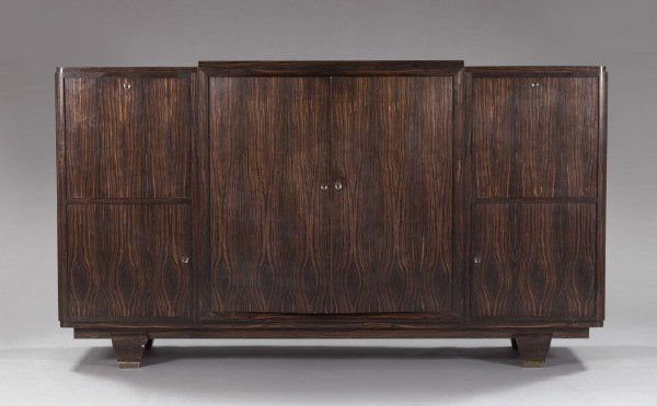 French Art Deco Palissandre Wood Sideboard,: French Art Deco Palissandre Wood Sideboard, attributed to Alfred Porteneuve (French, 1896-1949), the rectangular stepped top above a conforming case fitted with two central cupboard doors opening to a