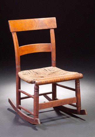 American Sheraton Maple Rocking Chair: American Sheraton Bird's-Eye Maple and Maple Rocking Chair, second quarter 19th century, the concave tablet crest rail over a horizontal splat, with rush seat and turned legs, h. 30".