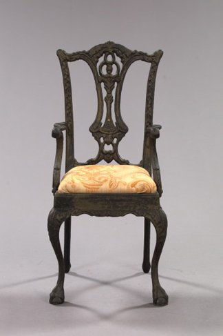 Unusual Edwardian Cast-Iron Doll's Chair,: Unusual Edwardian Cast-Iron Doll's Chair, first quarter 20th century, in the style of Thomas Chippendale, the slip seat upholstered in padded figured taupe damask, the whole supported on tall cabriole