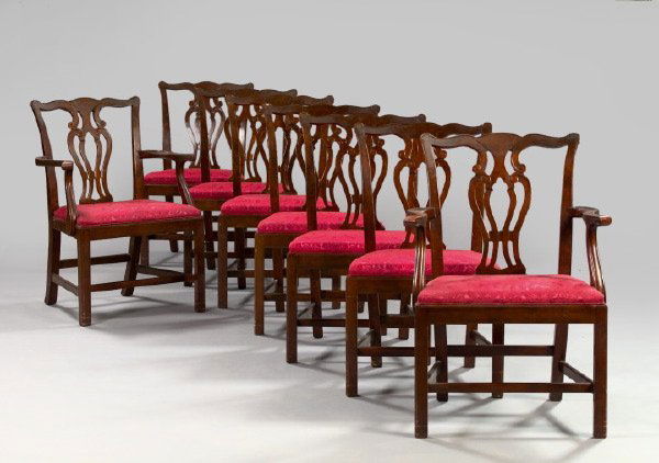 Baker Carved Mahogany Dining Chairs: Good Set of Eight Baker Carved Mahogany Dining Chairs, second quarter 20th century, in the Georgian style of Thomas Chippendale, comprising two master's armchairs, h. 37", w. 22", d. 22-1/2", and six