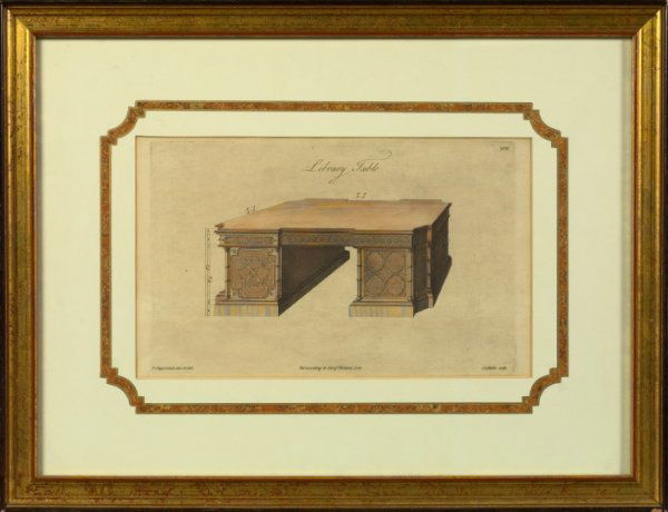 Thomas Chippendale (British, 1718-1779): Thomas Chippendale (British, 1718-1779) "Library Table", hand-colored engraving, sight 9-1/2" x 15", published 1753. Glazed, French matted and presented in a giltwood frame.