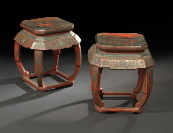 Pair of Chinese Lacquered Wood Stools,
