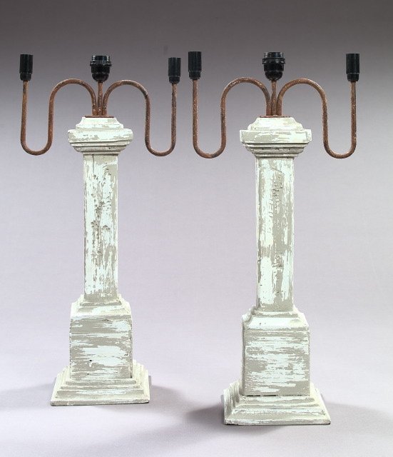 French Wrought-Iron-Mounted Pine Candelabra Lamps