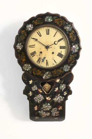 Napoleon III Papier-Mache and Wood Wall Clock: Napoleon III Black Lacquered, Polychromed, Mother-of-Pearl-Inlaid and Parcel-Gilt Papier-Mache and Wood Wall Clock, fourth quarter 19th century, the facade in floral decor, the large circular dial pai
