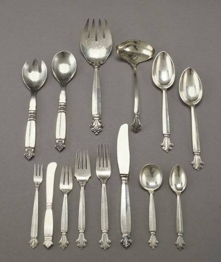 Georg Jensen Sterling Silver "Acanthus" Flatware: Fine Seventy-One-Piece Partial Set of Georg Jensen Sterling Silver "Acanthus" Flatware for Eight Persons, the pattern designed by Johan Rohde in 1917, the partial service composed of eight luncheon kn