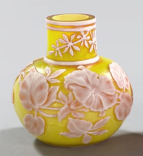 English Yellow Cameo-Cut Glass Cabinet Vase: Good English White-Over-Rose-Over-Chinese Yellow Cameo-Cut Glass Cabinet Vase, fourth quarter 19th century, of circular bottle form in floral decor, the Stourbridge area, probably Thomas Webb and Sons