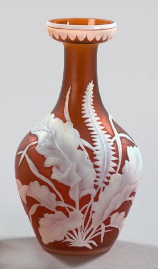 Thomas Webb and Sons Glass Cabinet Vase: Fine Thomas Webb and Sons White-Over-Amber Cameo-Cut Glass Cabinet Vase, fourth quarter 19th century, in "Fern and Leaf" decor, h. 6-1/2", dia. 3-1/2".