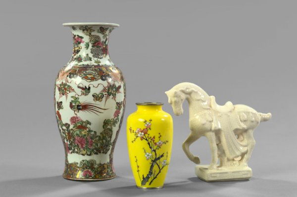 Group of Three Oriental Decorative Objects,: Group of Three Oriental Decorative Objects, all first quarter 20th century, consisting of a Kuang Hsu elaborately enameled and parcel-gilt famille rose porcelain baluster-form vase with a "Mandarins"