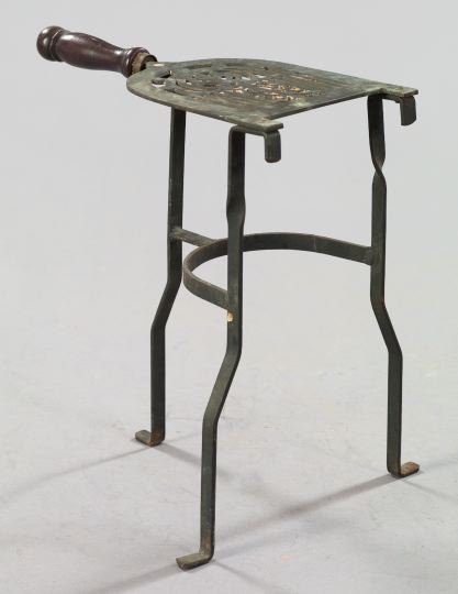 Georgian Brass and Wrought-Iron Kettle Stand: Georgian Pierced Brass and Wrought-Iron Hearthside Kettle Stand, first quarter 19th century, the upper brass trivet element fitted with a black-painted turned wooden grip, h. 14", w. 14-1/2", d. 9".