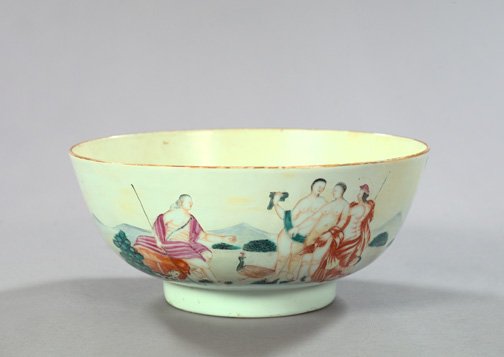 Fine and Rare Chinese Export Porcelain Bowl: Fine and Rare Chinese Export Porcelain "Judgment of Paris" Punch Bowl, fourth quarter 18th century, the figural decoration taken from contemporaneous European engravings, h. 4-5/8", dia. 10-1/2".