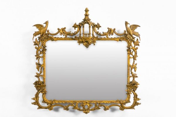 Edwardian Carved Giltwood Overmantel Mirror,: Edwardian Carved Giltwood Overmantel Mirror, first quarter 20th century, in the chinoiserie style of Thomas Johnson (English, 1714-1778), the crest rail centered with a stylized giltwood pagoda, with