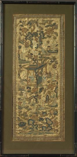 Ch'ien Lung Embroidered Silk Robe Panel: Ch'ien Lung Elaborately Embroidered Silk Robe Panel, fourth quarter 18th century, in a "Mandarin's Garden" pattern, now presented in a gold card mat within a narrow black-painted half-round molding fr