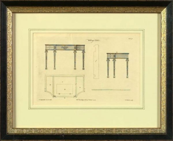 After Thomas Chippendale (British, 1709-1779): After Thomas Chippendale (British, 1709-1779) "Writing Tables", trio of engravings, sight 10-1/4" x 15-1/4", legend lower margin. Glazed, matted and presented in ebonized and parcel-gilt frames.