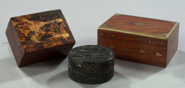 Group of Three Decorative Boxes,: Group of Three Decorative Boxes, consisting of an attractive Japanese Tokugawa gilt tortoiseshell and tea leaf lacquer box in "Flying Crane" decor, third quarter 19th century, h. 2-3/4", w. 5", d. 3-3