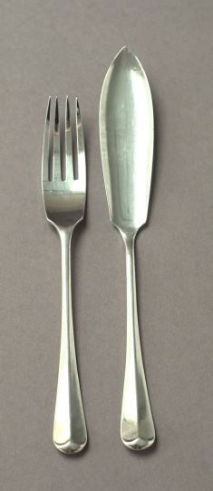 Sterling Silver Fish Forks and Knive: Twenty-Four-Piece Cased Presentation Set of Sterling Silver Fish Forks and Knives, Sheffield, 1930, maker: H.A., the set comprised of eleven fish knives, l. 7-1/2", and thirteen fish forks, l. 6-1/2",