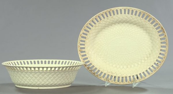Dutch Creamware Fruit Basket and Underplate: Attractive Dutch Pierced Creamware Oval Fruit Basket and Matching Underplate, first quarter 19th century, the basket walls and the underplate cavetto in bas-relief basket-weave decor, h. 4", w. 12-1/2