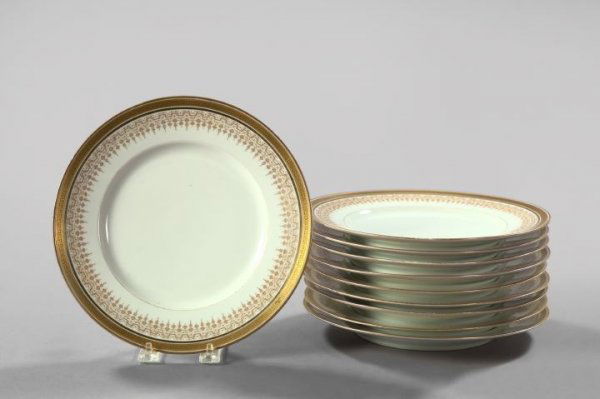 Limoges Porcelain Dinner Plates: Set of Ten L. Bernardaud et Compagnie, Limoges, Gold and White Porcelain Dinner Plates, first quarter 20th century, in the neoclassical taste, each plate fully backstamped in underglaze green and over