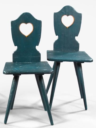 Scandinavian Polychromed Peasant's Chairs: Pair of Scandinavian Polychromed Peasant's Chairs, mid-19th century, each with a plank back with a heart cut-out and plank seats with through mortised and splayed legs, h. 35".