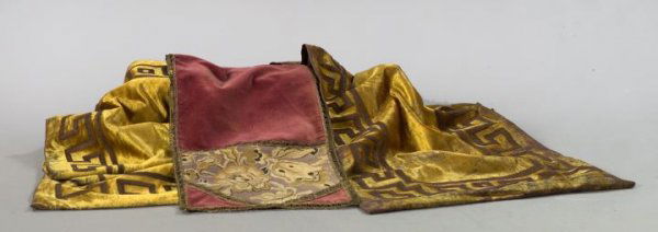 Group of Three Victorian Table Runners: Group of Three Victorian Velvet and Threads-of-Gold Embroidery Table Runners, 19th century, consisting of a claret velvet, floral brocade and gold thread example backed in black silk, w. 13-1/2", l. 4