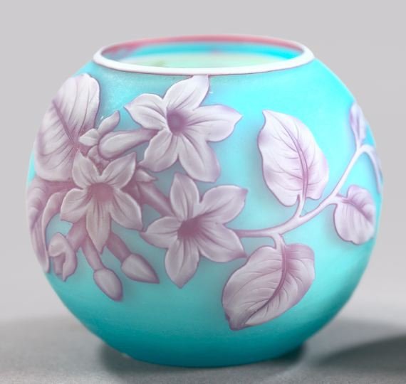 Thomas Webb and Sons Glass Cabinet Vase: Rare Thomas Webb and Sons Cameo-Cut Glass Spherical Cabinet Vase, fourth quarter 19th century, in sky blue, pale lavender and white, h. 2", dia. 2".