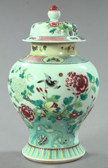 Tung Chih Polychromed Porcelain Covered Vase: Large Tung Chih Richly Polychromed Porcelain Covered Vase, third quarter 19th century, of "Temple Jar" form in "Songbirds and Flowering Shrub" decor, the cover decorated en suite, h. 17-1/2", dia. 10-