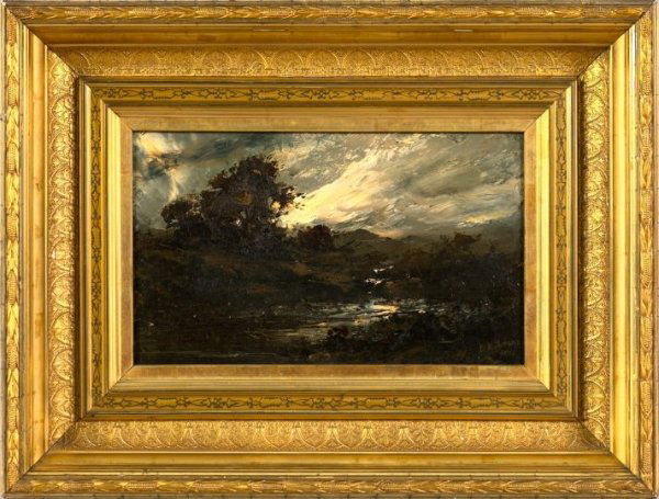 William Hamilton Gibson (American, 1850-1896): William Hamilton Gibson (American, 1850-1896) "Mountainous Landscape with River and Trees at Dawn", oil on board, 8-1/2" x 14", signed lower right "W. H. Gibson 1881". Presented in an extremely fine a