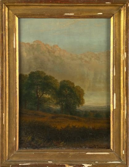 E. C. Hussey (fl. ca. 1820-1905): E. C. Hussey (fl. ca. 1820-1905) "Summer Landscape", oil on panel, 12-3/4" x 9", signed and dated lower right "E. C. Hussey 1895". Presented in a period giltwood and plaster frame in the neoclassical
