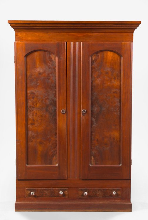 American Renaissance Revival Walnut Armoire: American Renaissance Revival Burled Walnut and Walnut Armoire, fourth quarter 19th century, the projecting cove-molded cornice over a pair of doors, each with an arched burlwood panel, the base with a