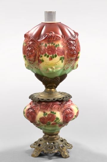 American Glass Kerosene Parlor Lamp: American Gilt-Brass-Mounted Painted Opal Glass Kerosene Parlor Lamp, fourth quarter 19th century, in "Lions and Roses" decor, now electrified, retaining the blown glass chimney and matching spherical