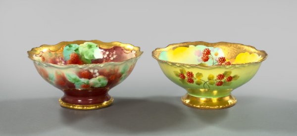 Two French Hand-Painted Porcelain Bowls,: Two French Hand-Painted Porcelain Bowls, first quarter 20th century, consisting of a Jean Pouyat, Limoges, richly gilded porcelain footed fruit bowl in an Impressionist "Strawberries" decor by Pickard