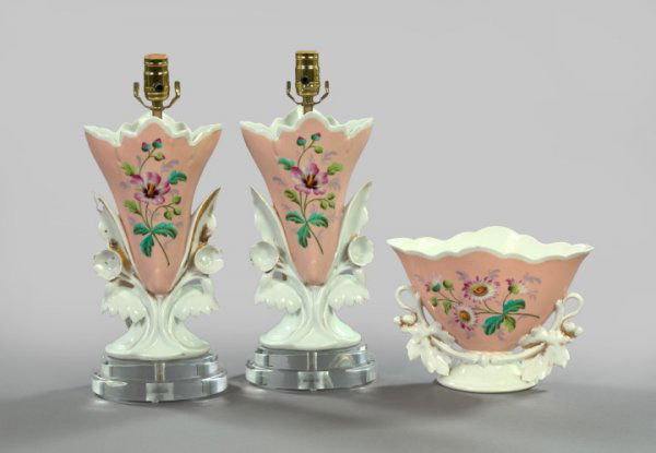 Bernardaud Freres Porcelain Mantel Garniture: Three-Piece Bernardaud Freres, Limoges, Porcelain Mantel Garniture, third quarter 19th century, in the rococo taste, the two flanking vases now mounted as table lamps on oval stepped white bases, the