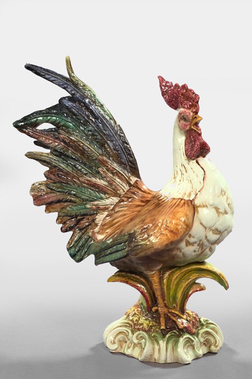 Italy, Polychromed Majolica Figure: Large and Attractive Intrada, Italy, Polychromed Majolica Figure of a Haughty Crowing Chanticleer, fully signed in black on the interior of the foot, h. 23", w. 9", l. 17".
